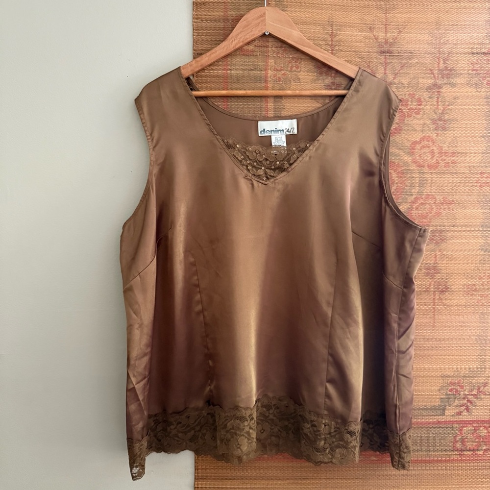 Vintage Brown Satin Sleeveless Blouse with Lace Detail